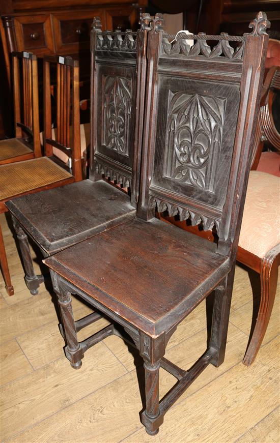 Pair Gothic oak chairs 45cm wide
